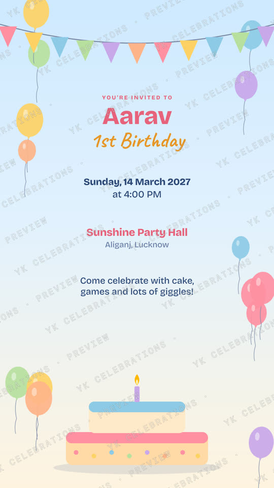Balloon Bash Kids Birthday: watermarked Birthday invitation card preview with sample details