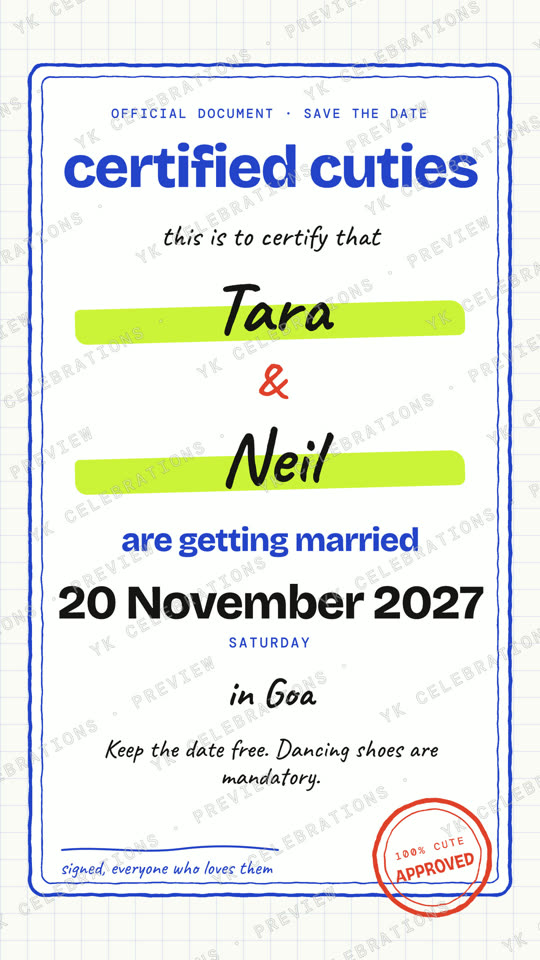 Certified Cuties: watermarked Save the Date invitation preview
