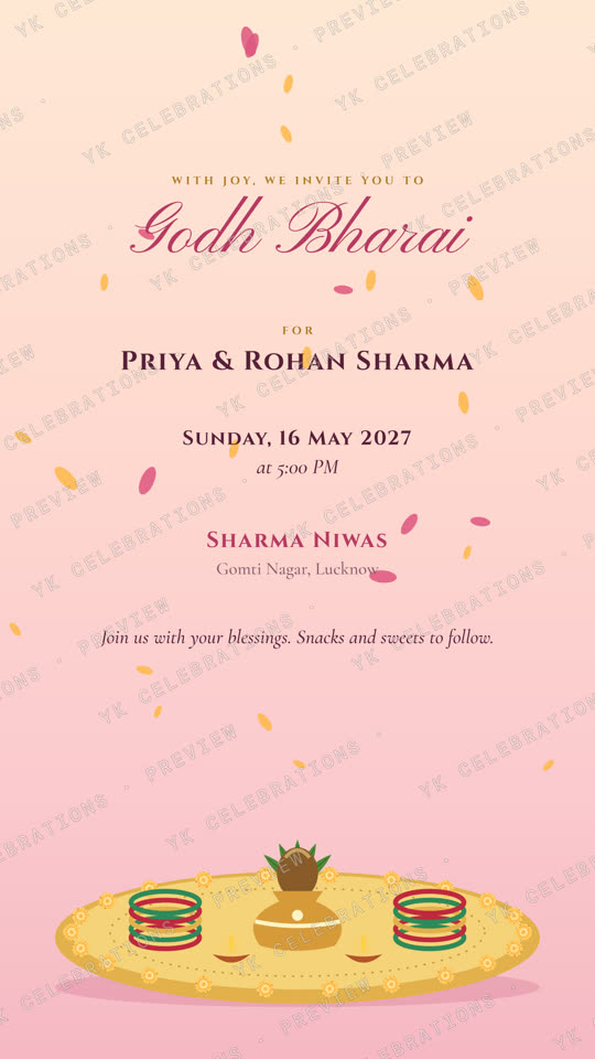 Godh Bharai Blessings: watermarked Baby Shower invitation card preview with sample details