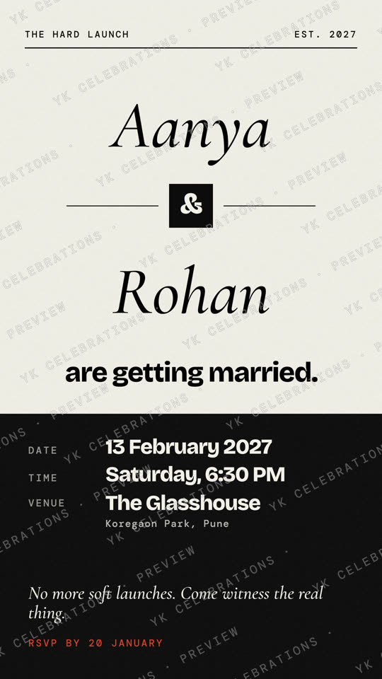 The Hard Launch: watermarked Wedding invitation card preview with sample details