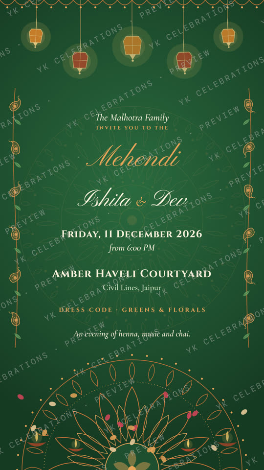 Mehendi Raat: watermarked Mehndi invitation card preview with sample details