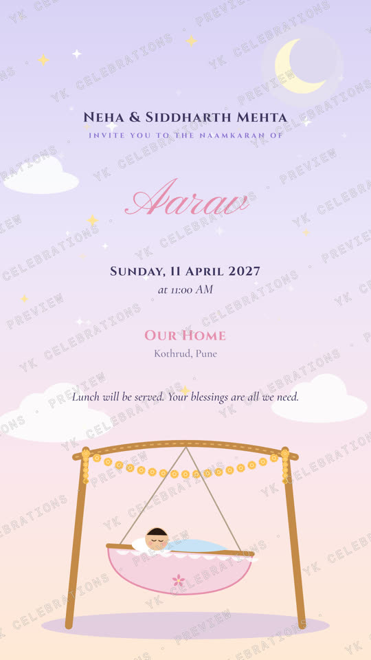 Little Star Naamkaran: watermarked Naming Ceremony invitation card preview with sample details