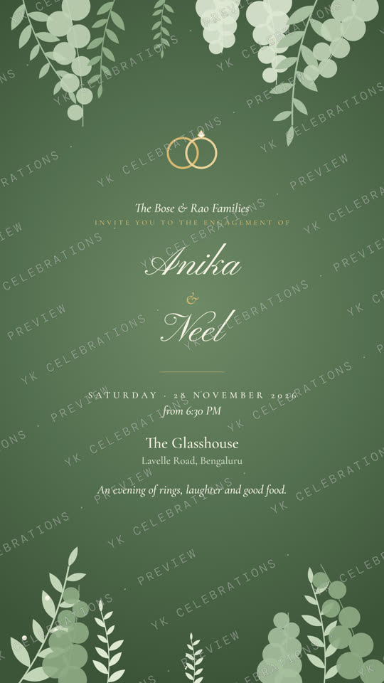 Sage & Vine: watermarked Engagement invitation card preview with sample details