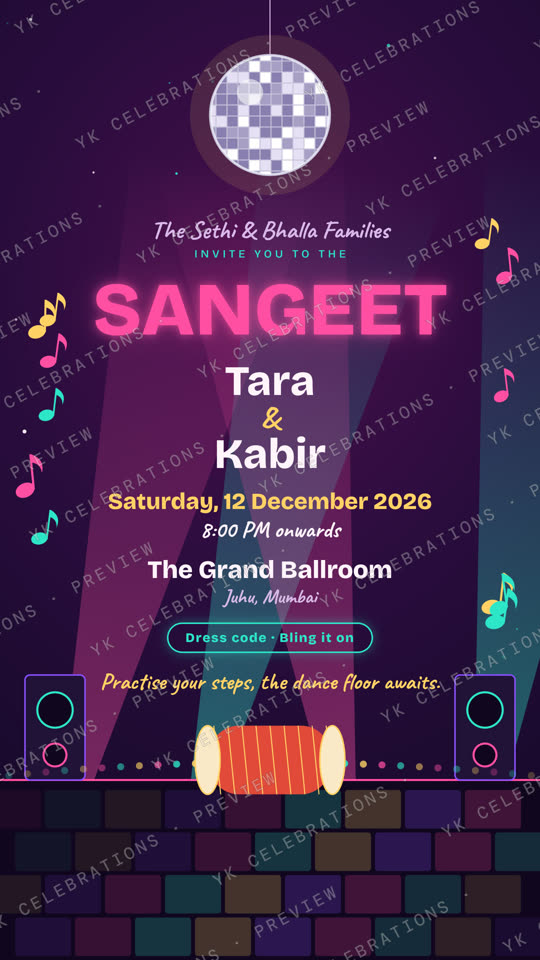 Sangeet Nights: watermarked Sangeet invitation card preview with sample details