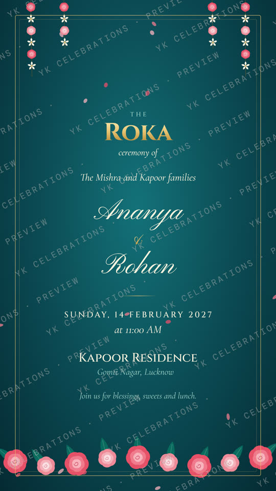 Shagun Thaal: watermarked Engagement invitation card preview with sample details
