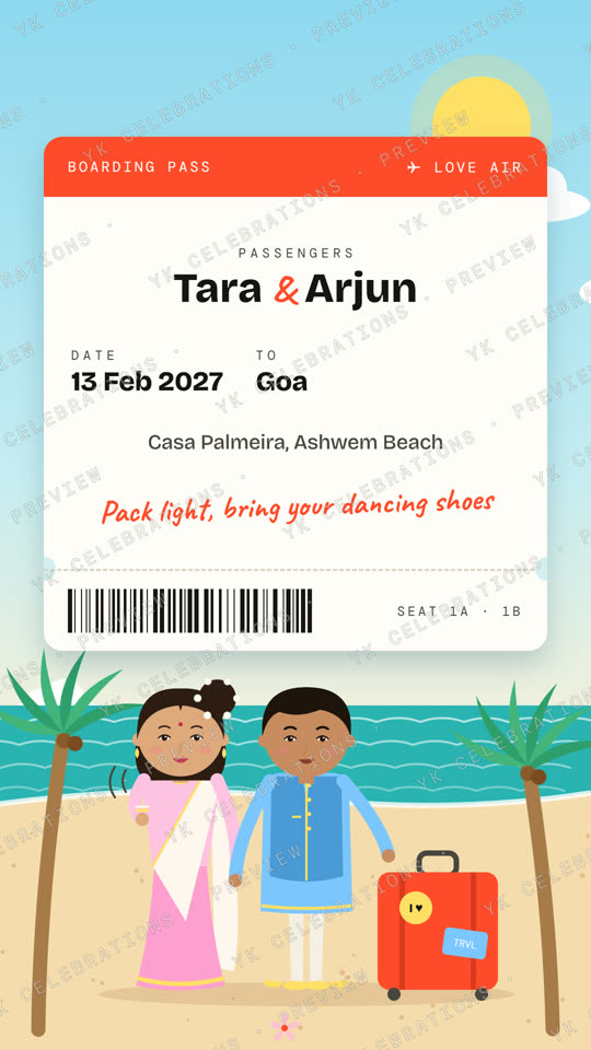 Wanderlust Boarding Pass: watermarked Destination Wedding invitation card preview with sample details